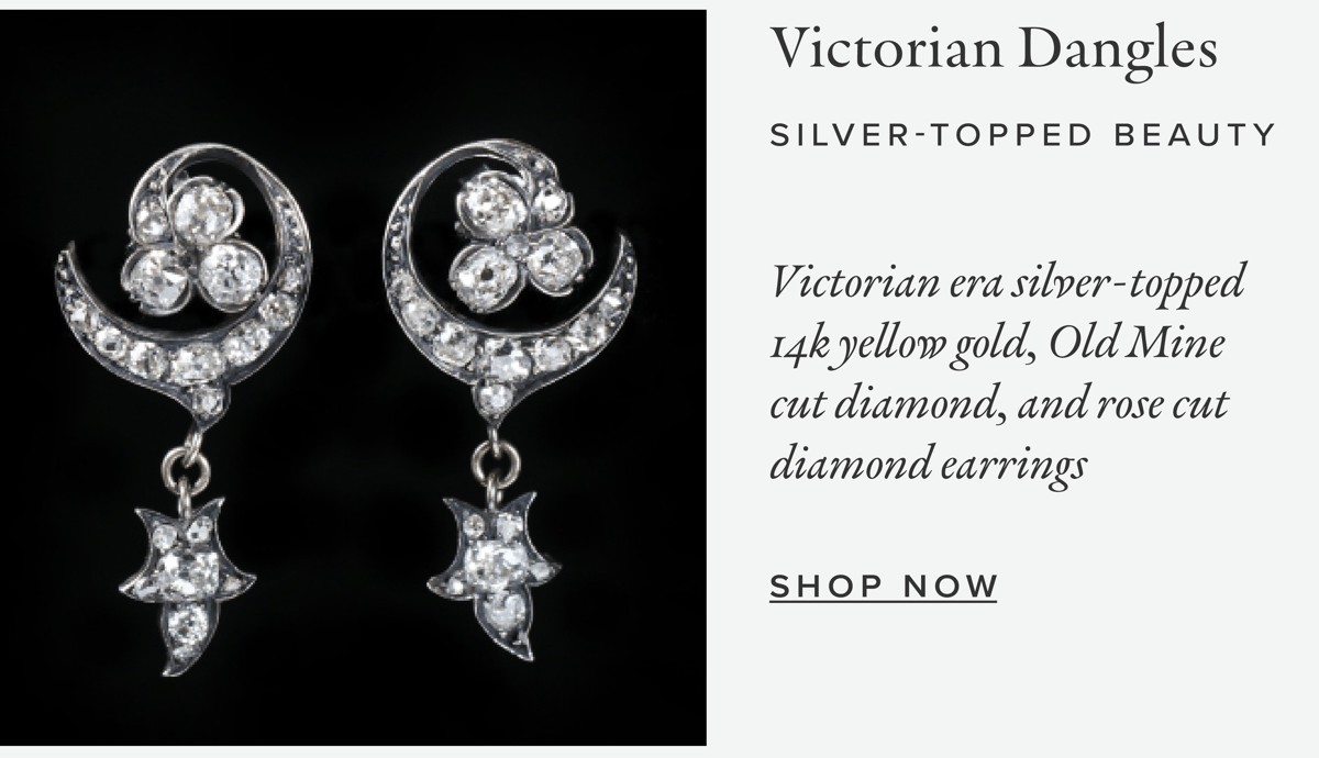 Victorian Dangles | Silver-Topped Beauty: Victorian era silver-topped 14k yellow gold, Old Mine cut diamond, and rose cut diamond earrings. Click to shop now.