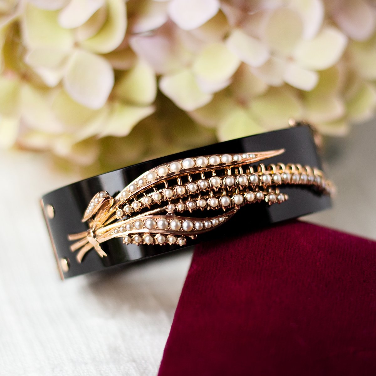 Victorian Black Jade and Pearl Bangle Bracelet