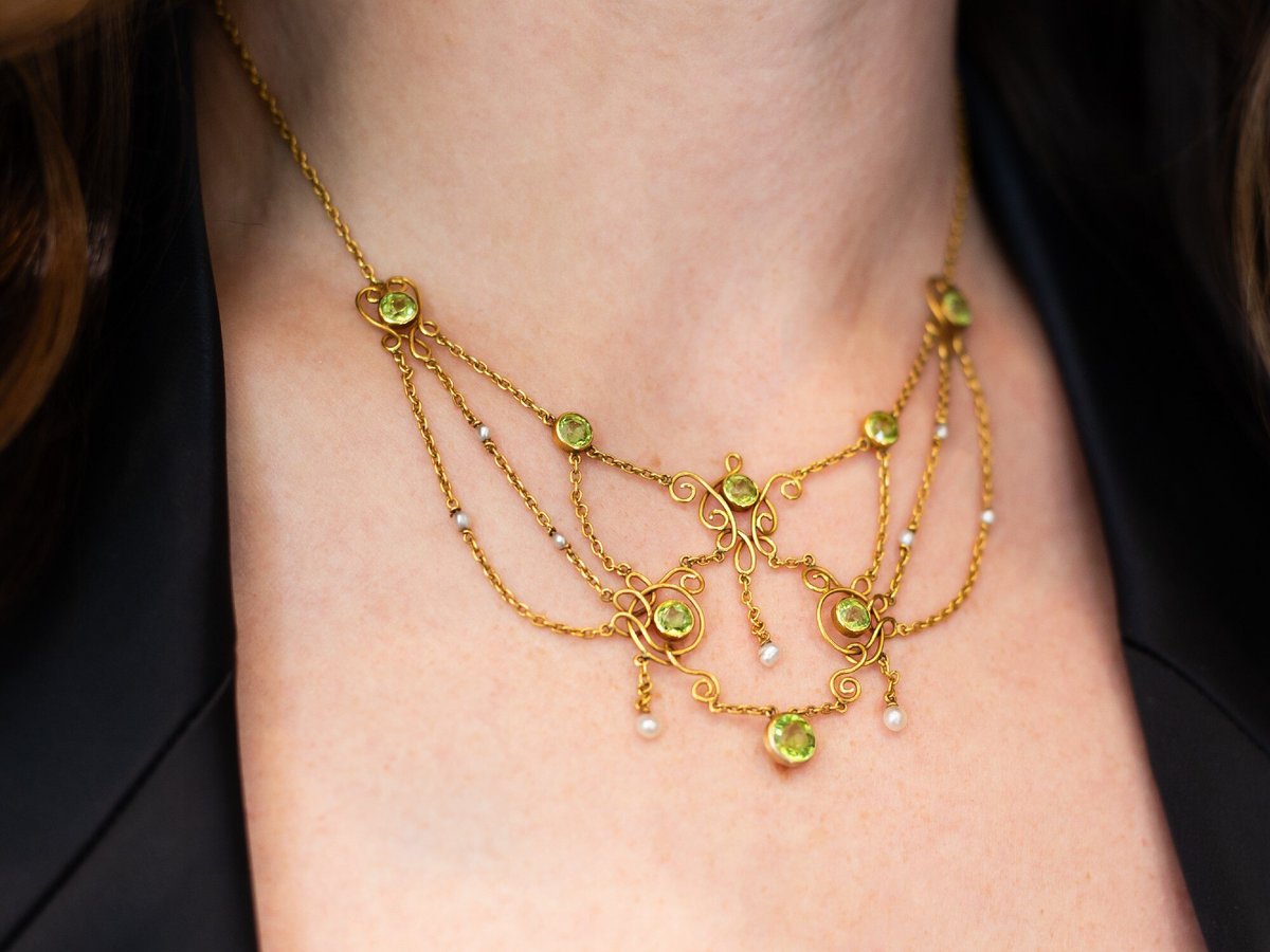 Art Nouveau Peridot and Pearl Festoon Necklace