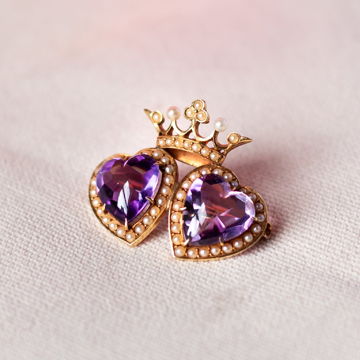 Victorian 14K Yellow Gold Amethyst and Pearl Crowned Hearts Brooch