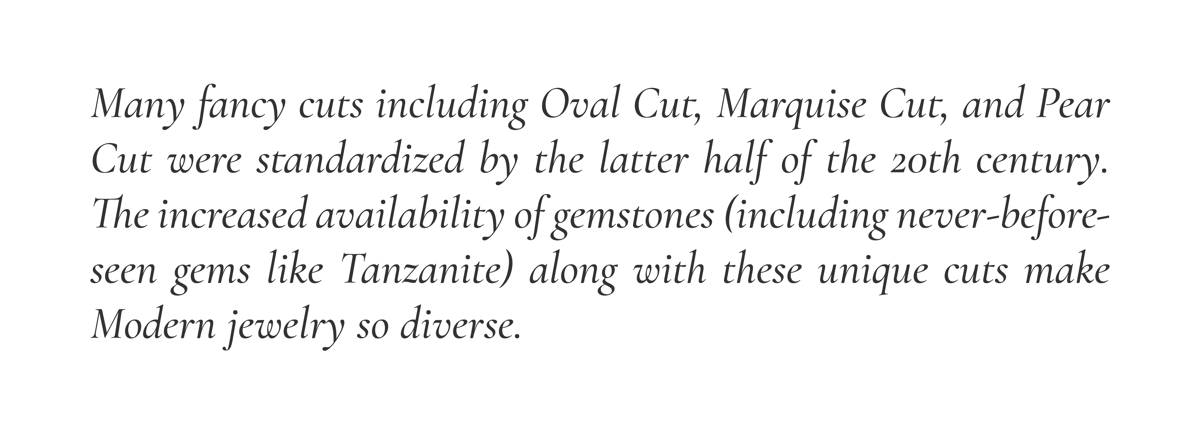 Many fancy cuts including Oval Cut, Marquis Cut, and Pear Cut were standardized by the latter half of the 20th century. The increased availability of gemstones (including never-before-seen gems like Tanzanite) along with these unique cuts make Modern jewelry so diverse. 