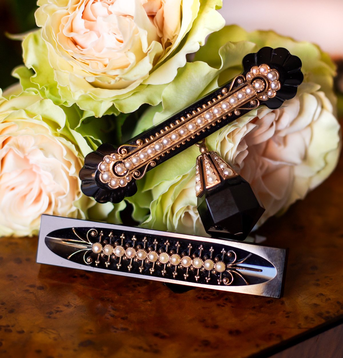 Victorian Onyx and Pearl Mourning Brooches