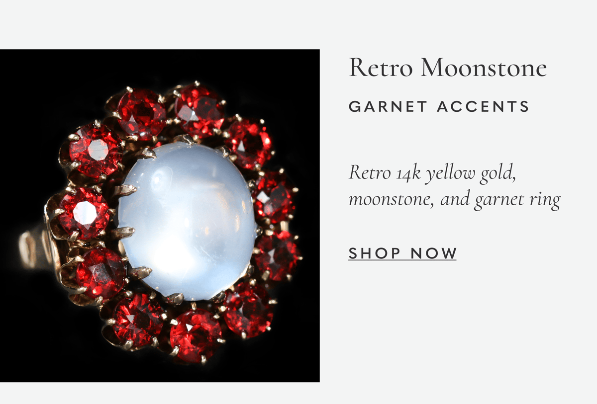 Retro 14k yellow gold, moonstone, and garnet ring. Shop now >