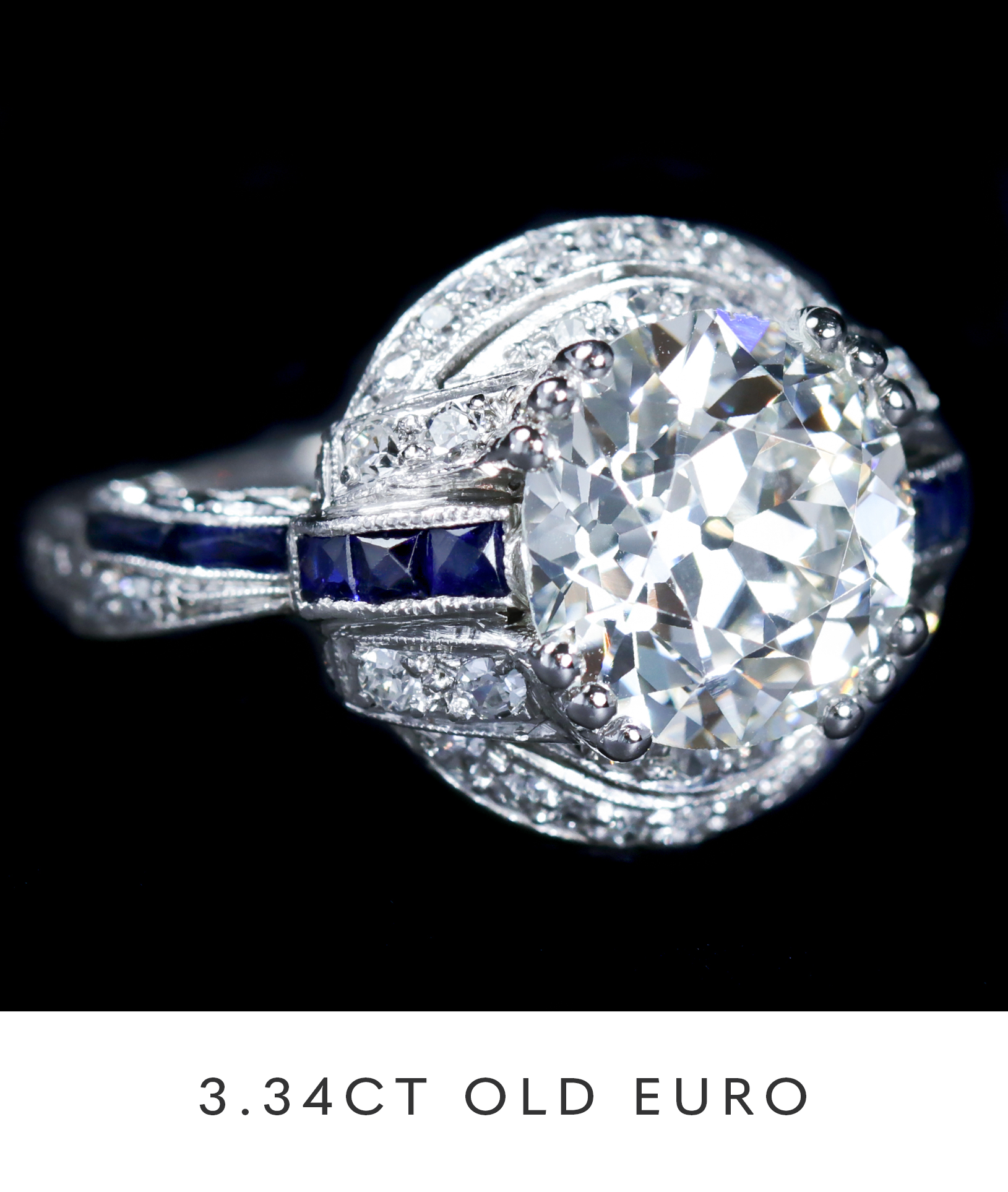 Art Deco 3.34 Carat Old European Cut Diamond and Sapphire Ring