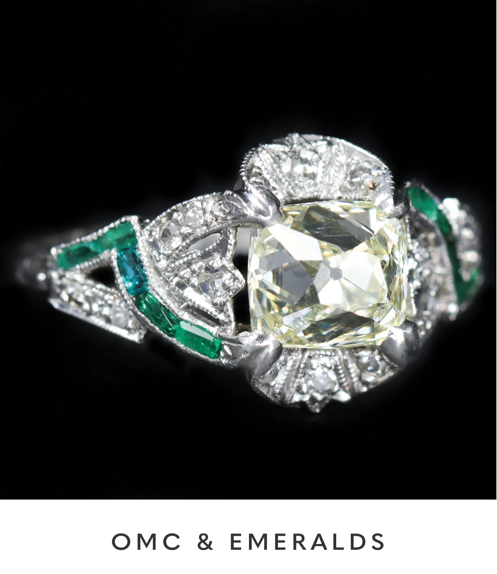 Art Deco Old Mine Cut Diamond and Emerald Ring