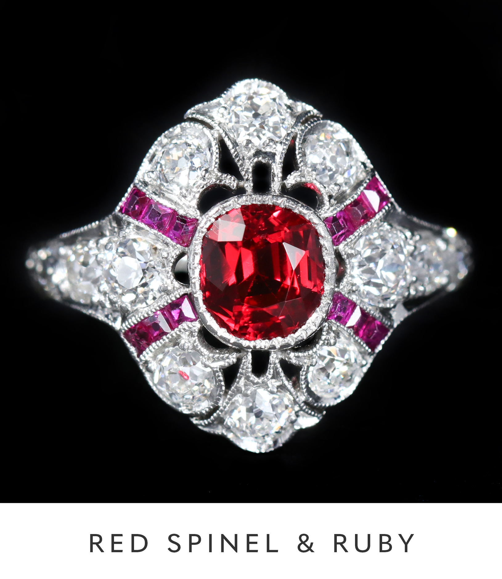 Art Deco Red Spinel, Ruby, and Diamond Ring